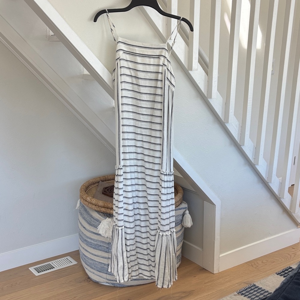 Splendid White and Navy Striped Tassel Maxi Dress